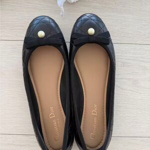 Dior Black Quilted Leather Ballet Flats with Pearl Button